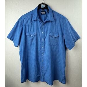 Wrangler Mens 2XT Blue Plaid Western Short Sleeve Pearl Snap Shirt
